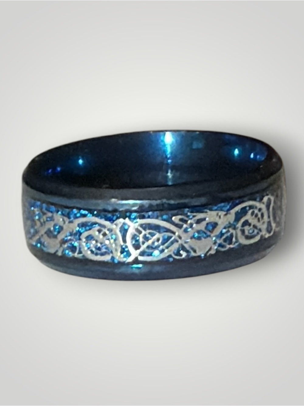 Blue Celtic Knot Stainless Steel Ring with Silver Inlay